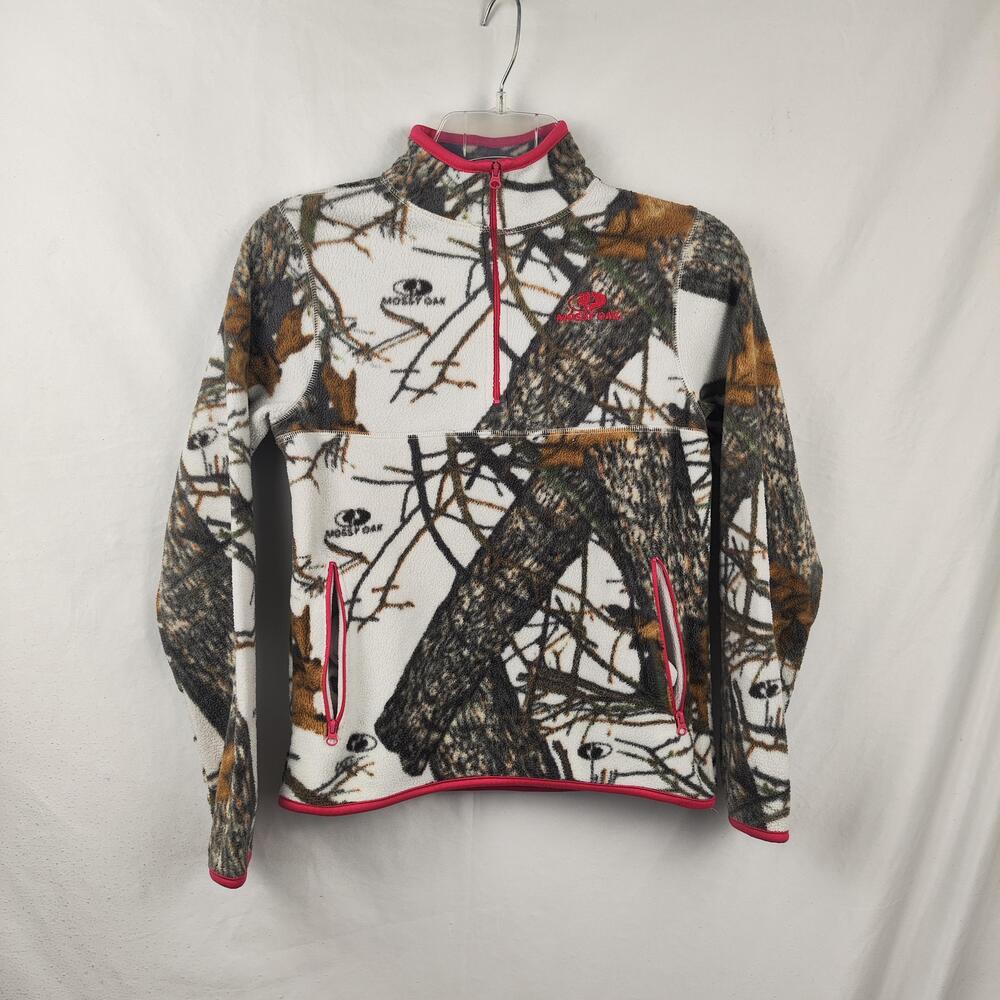Mossy Oak Jacket Girls Large 10/12 White Camo Fleece 1/4 Zip Thumbholes Hunting